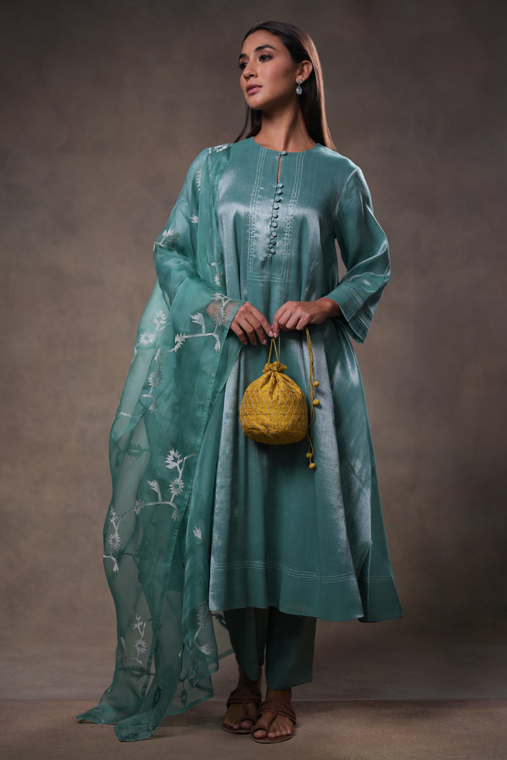 Teal Green Hand Embroidered Organza Dupatta