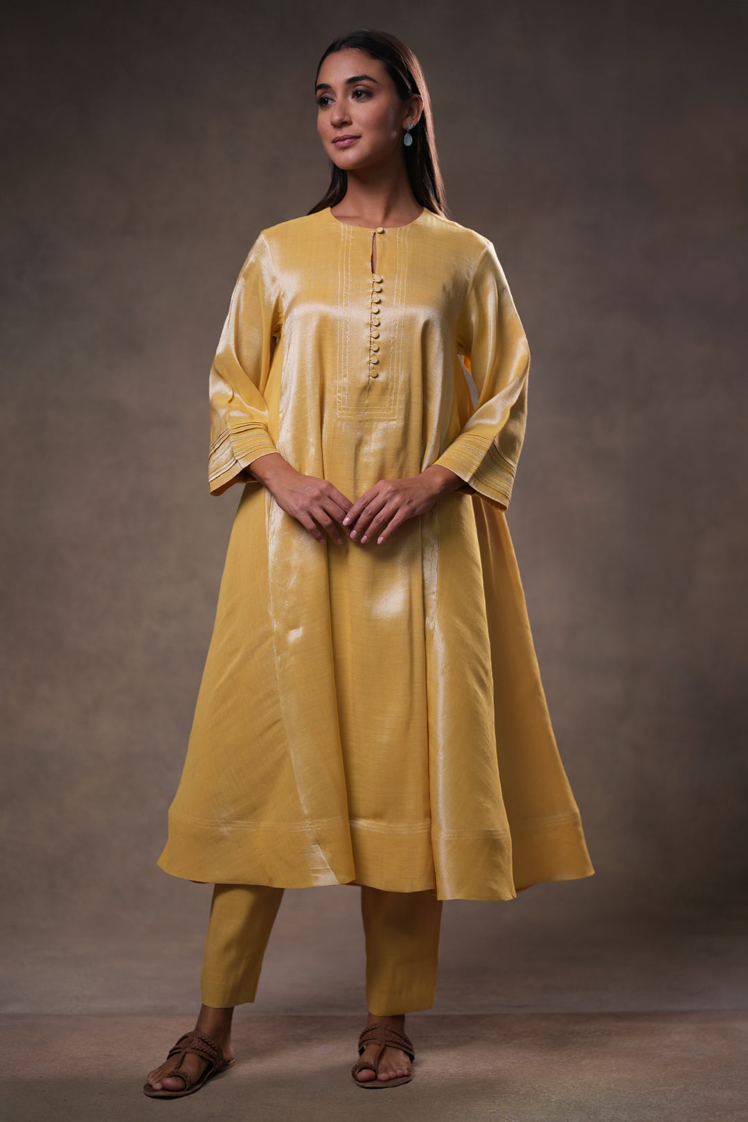 Yellow Zari Embroidered Tissue Kurta with Pants and Dupatta