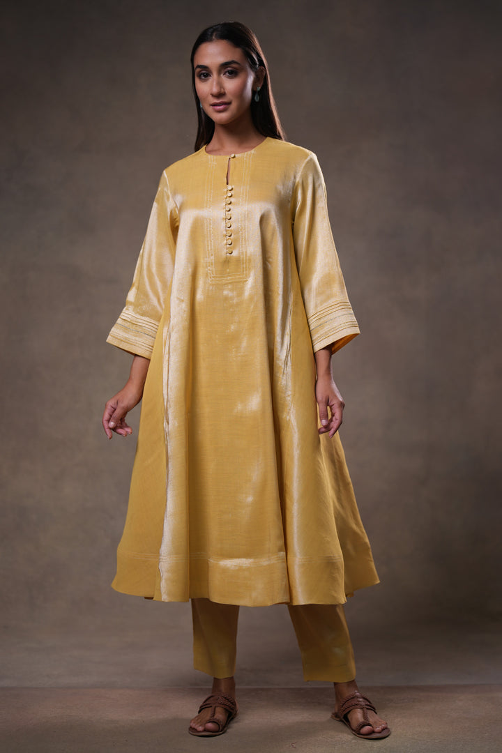 Yellow Zari Embroidered Tissue Kurta with Pants and Dupatta