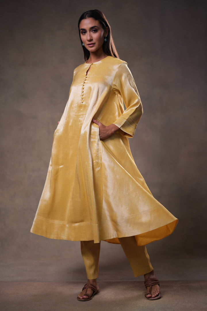 Yellow Zari Embroidered Tissue Kurta with Pants and Dupatta