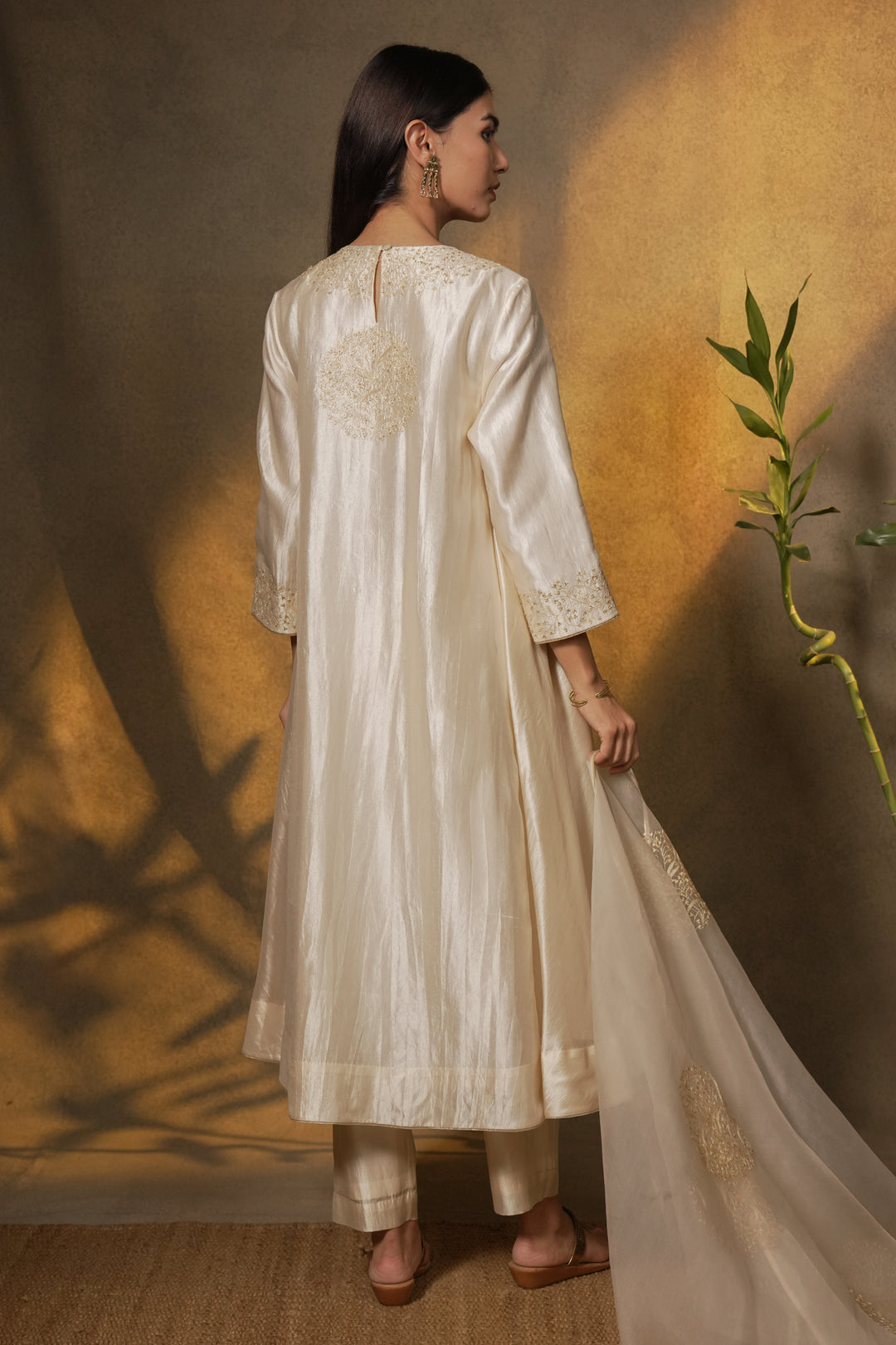 Natural Embroidered Silk Kurta with Pants and Organza Dupatta