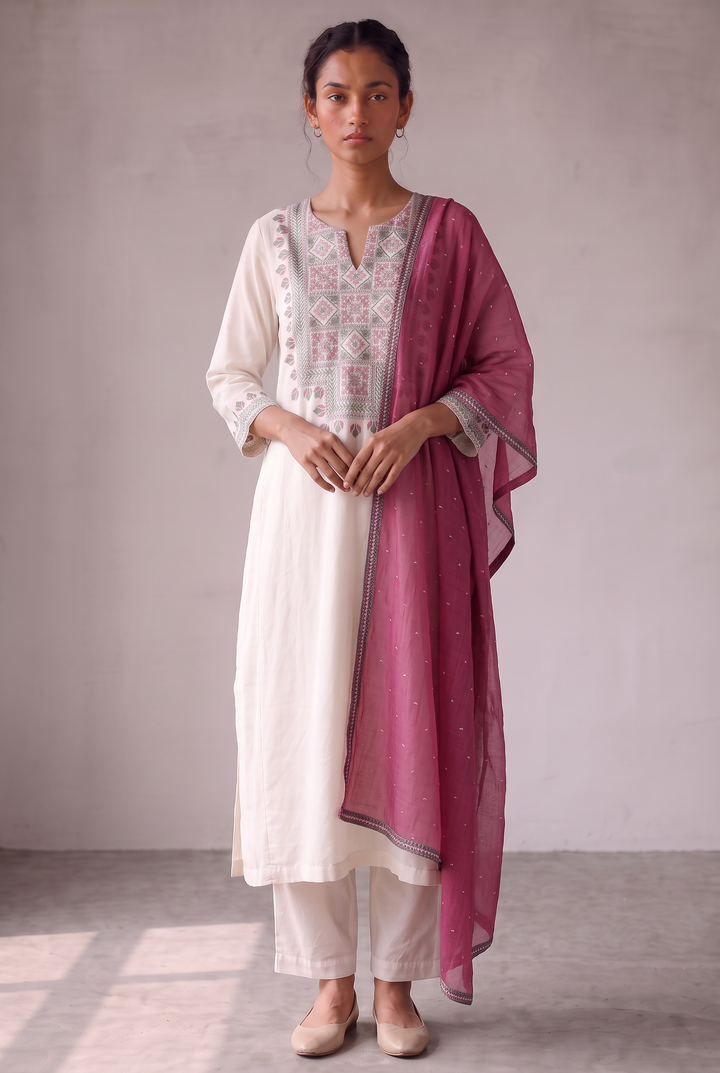 Off-white and Rose Embroidered Kurta Set