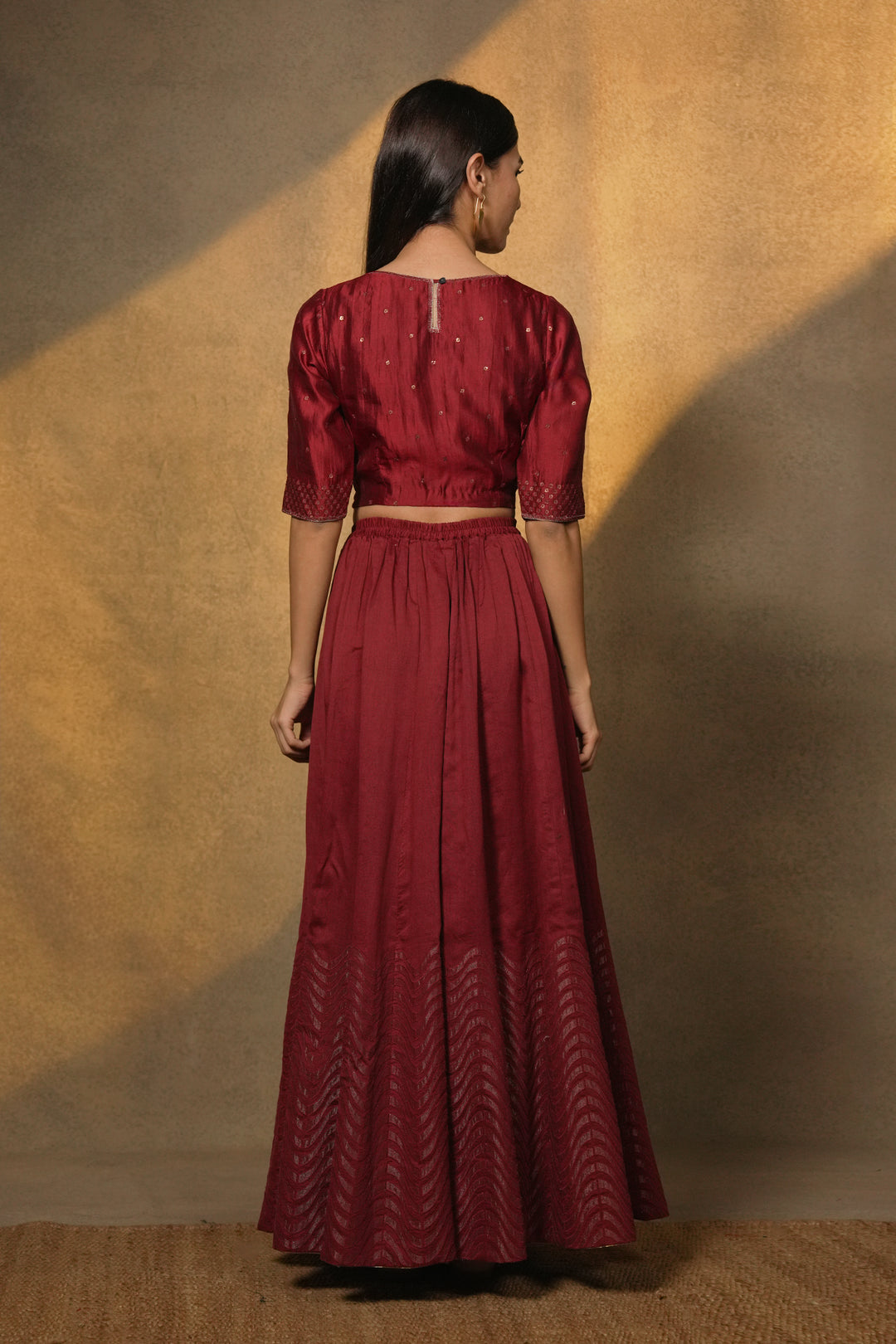 Maroon Hand Embroidered Chanderi Lehenga Set with Blouse & Dupatta