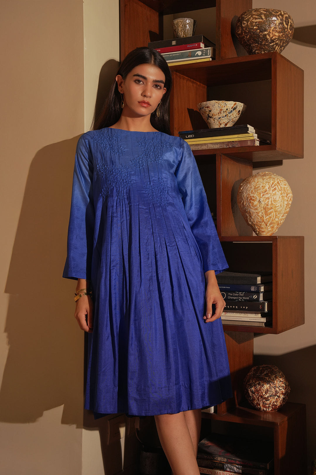 Blue Embroidered Silk Dress