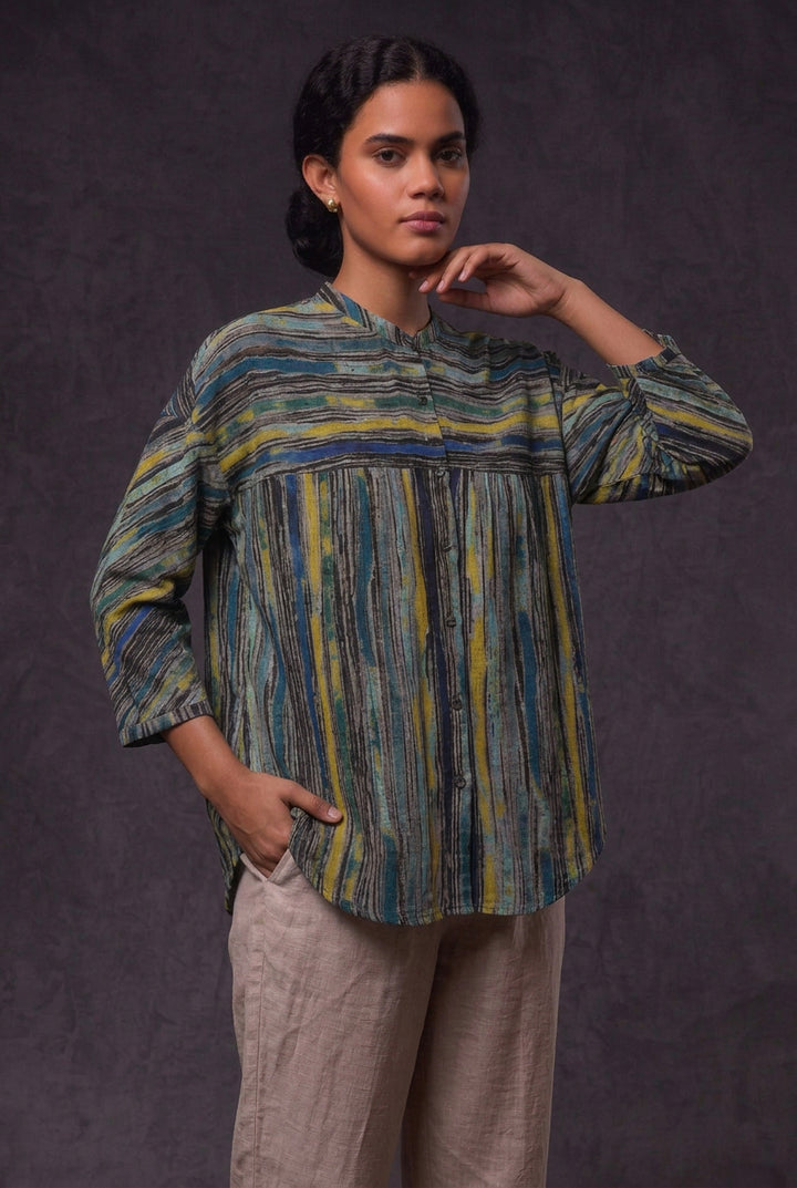 River Stripe Printed Chanderi Shirt