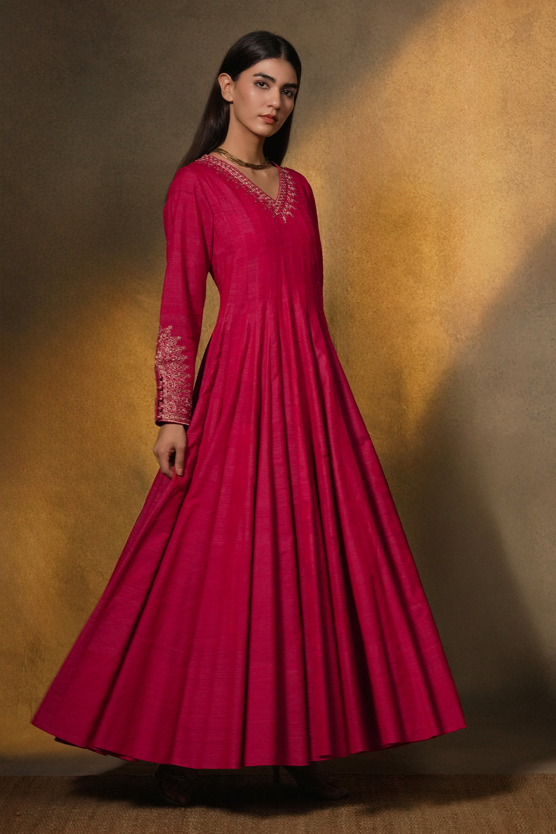 Hot Pink Hand Embroidered Tussar Silk Gown