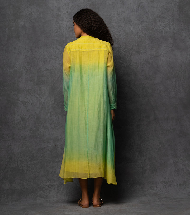 Yellow & Green Ombre Thread Embroidered Cotton Silk Long Dress