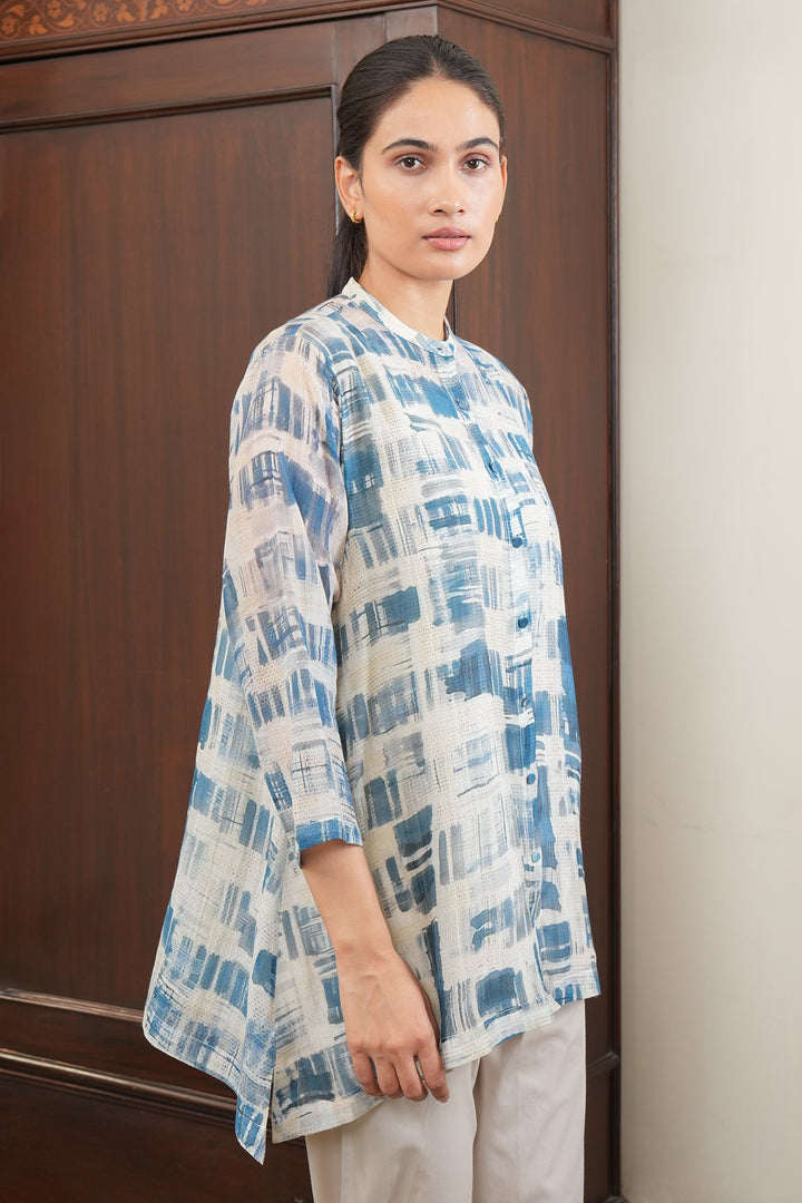Blue and Cream Abstract Print Chanderi Oversized Shirt