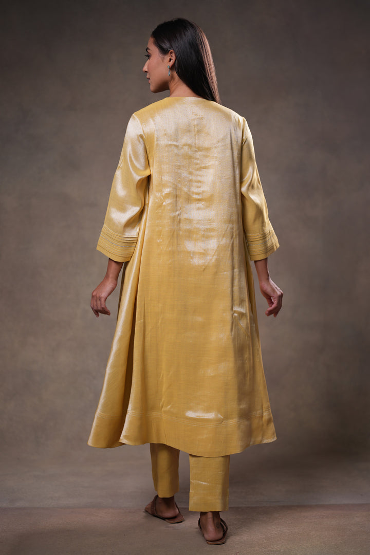 Yellow Zari Embroidered Tissue Kurta with Pants and Dupatta