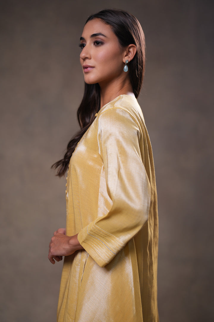 Yellow Zari Embroidered Tissue Kurta with Pants and Dupatta