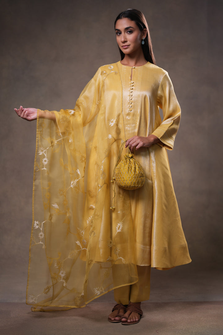 Yellow Hand Embroidered Organza Dupatta