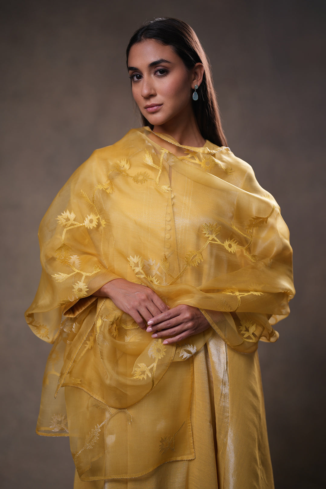 Yellow Hand Embroidered Organza Dupatta