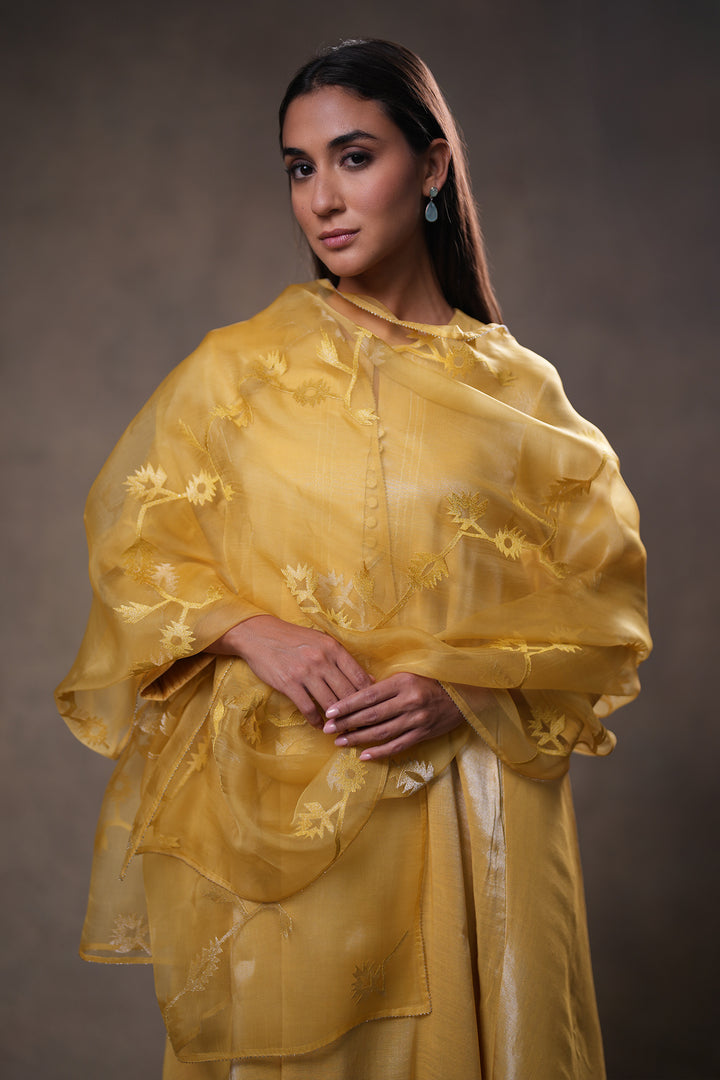 Yellow Hand Embroidered Organza Dupatta