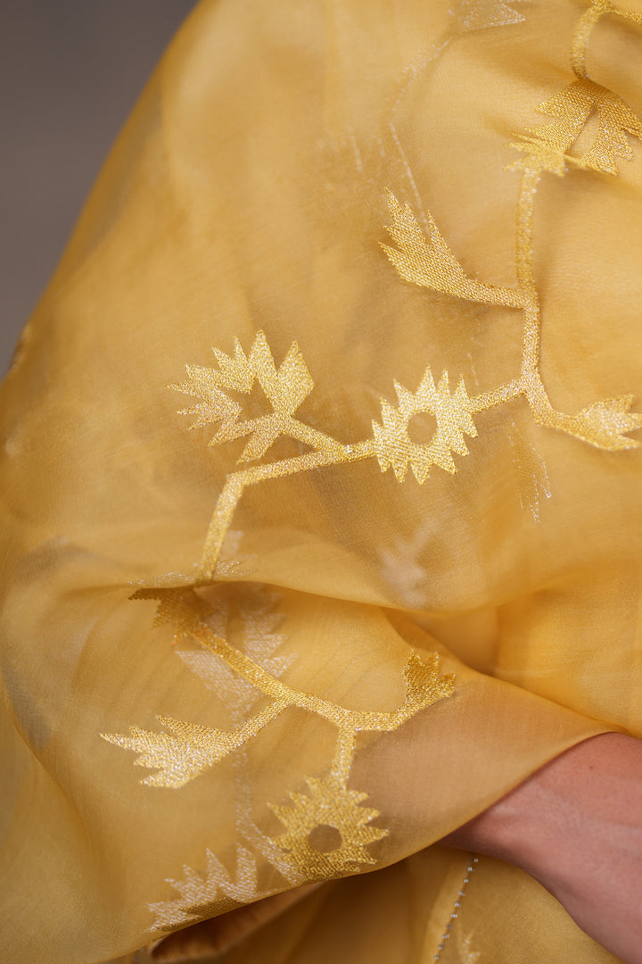 Yellow Hand Embroidered Organza Dupatta