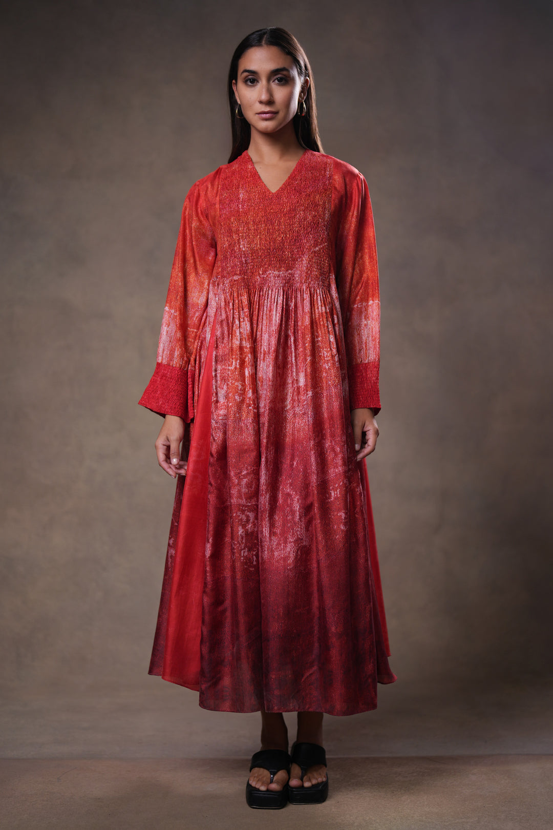 Red Textured Embroidered Silk Dress