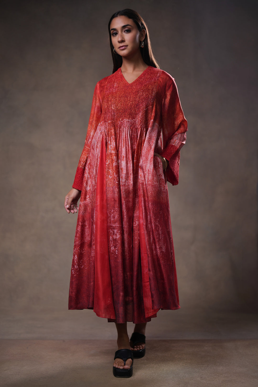 Red Textured Embroidered Silk Dress