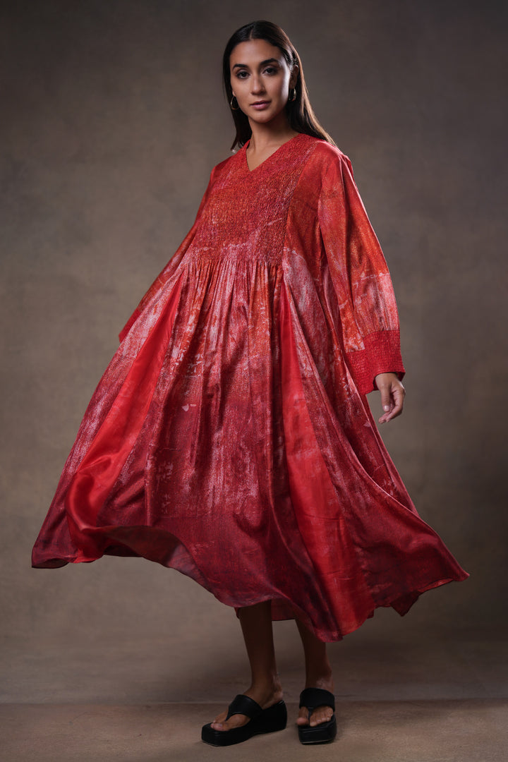 Red Textured Embroidered Silk Dress