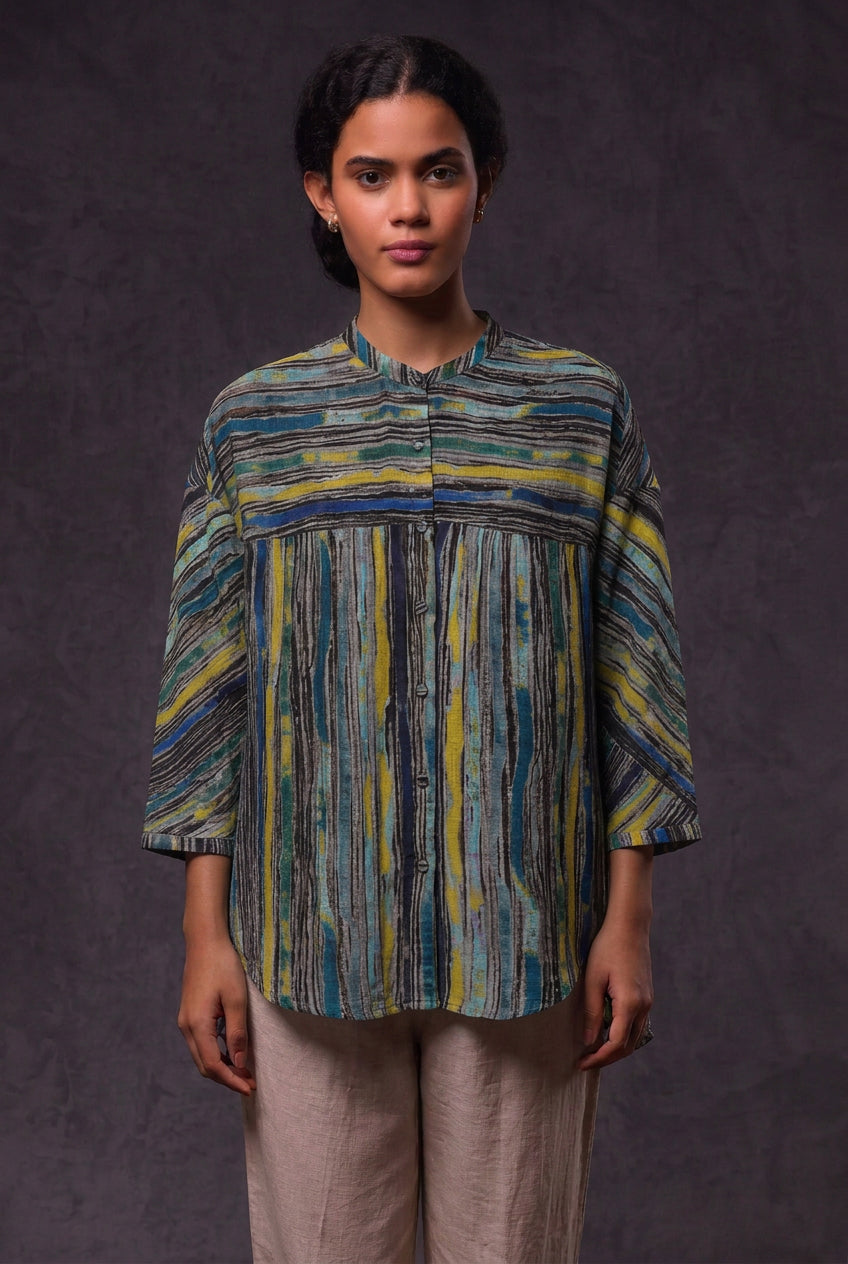 River Stripe Printed Chanderi Shirt