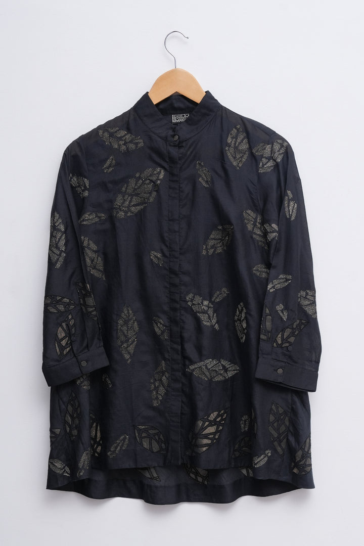 Black Cotton SIlk Embroidered Shirt