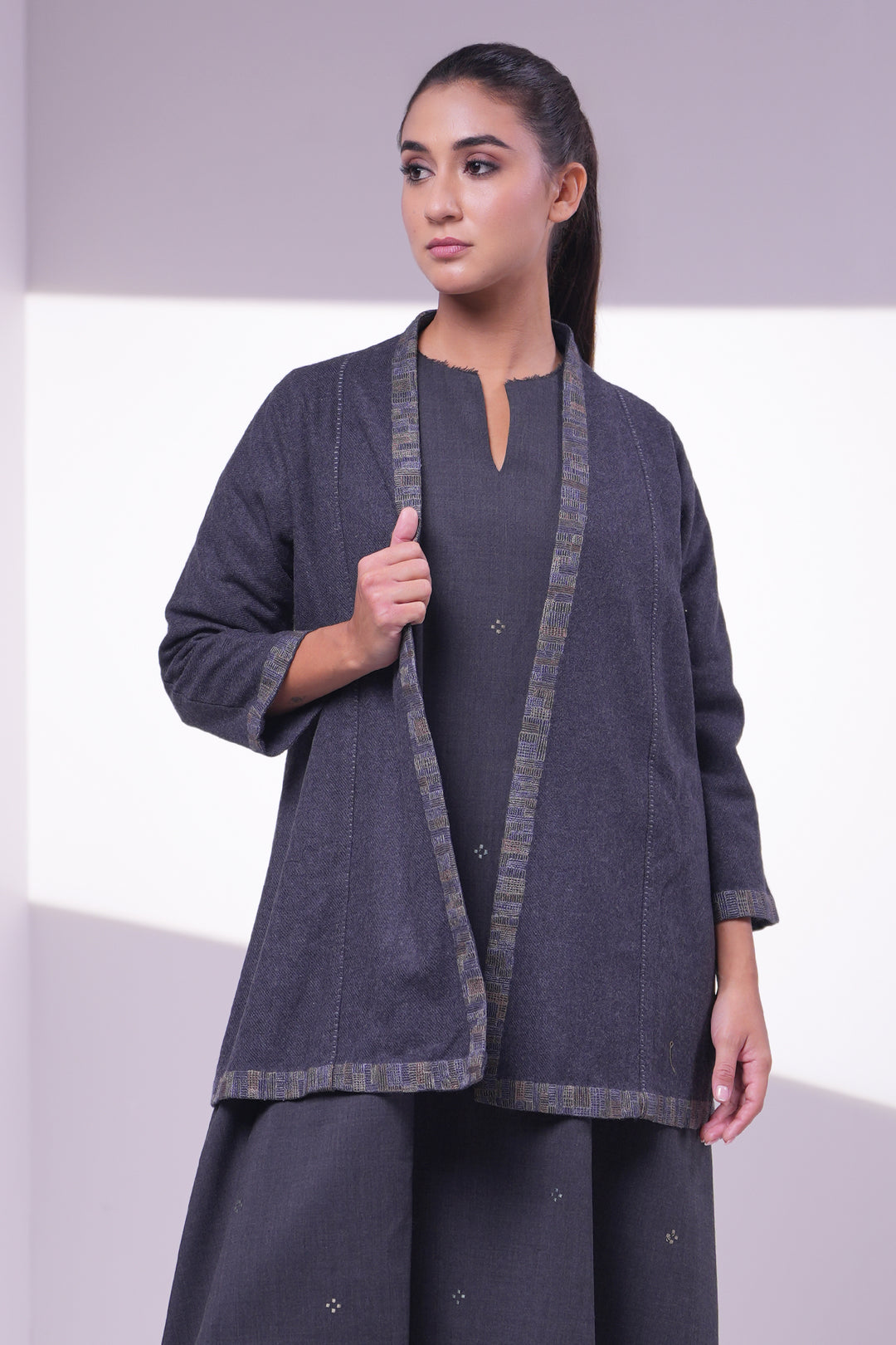 Grey Wool Embroidered Jacket – Tulsi Online - Main Image