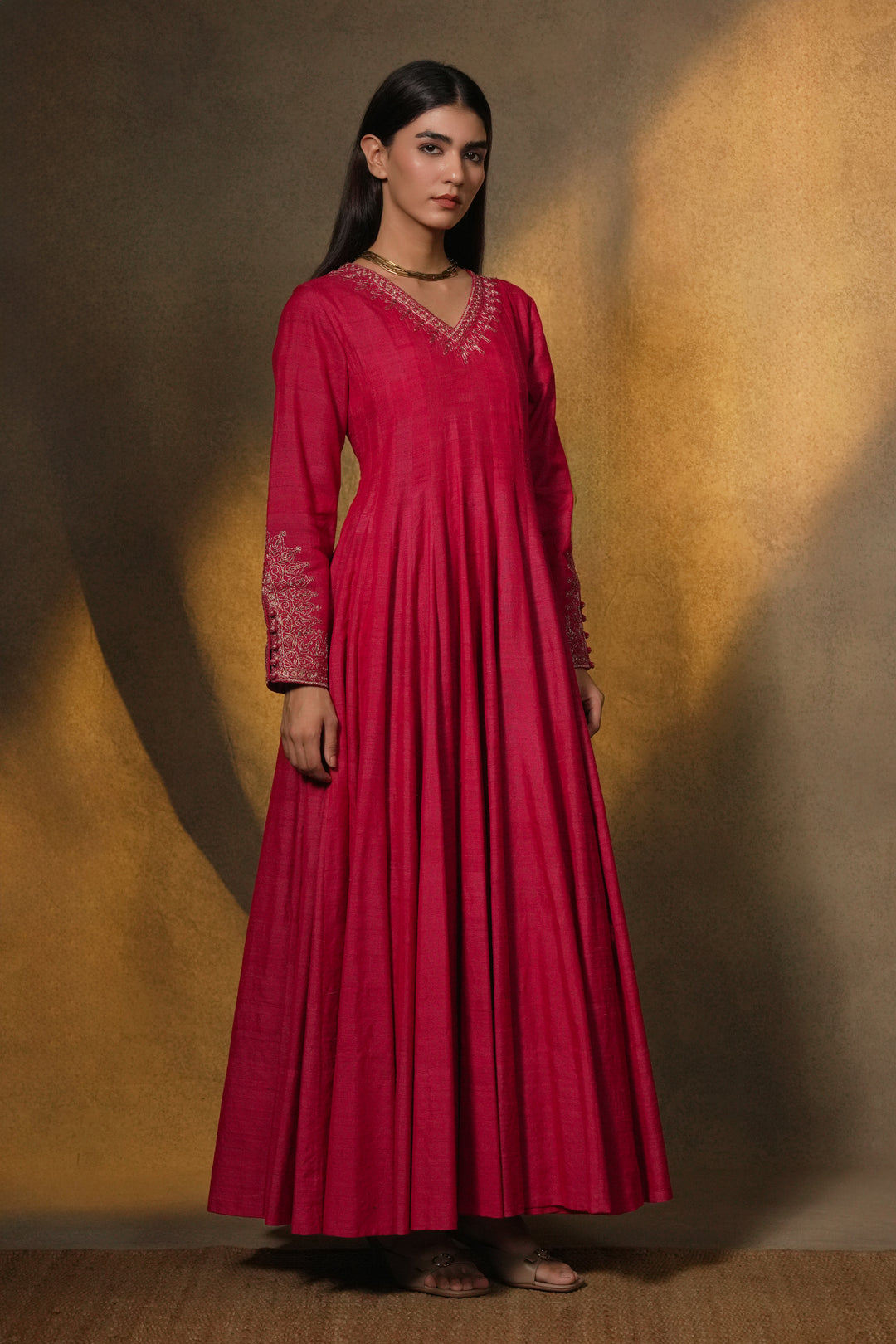 Hot Pink Hand Embroidered Tussar Silk Gown