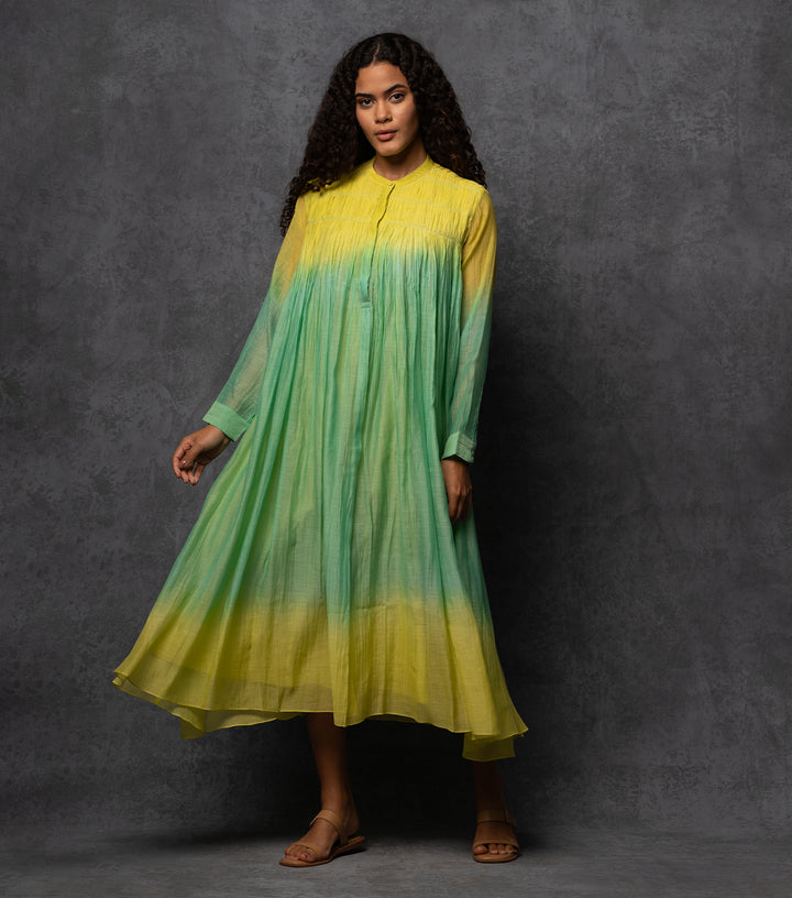 Yellow & Green Ombre Thread Embroidered Cotton Silk Long Dress