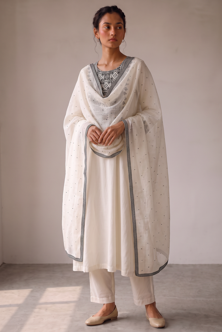 Off-white and Black Embroidered Kurta Set