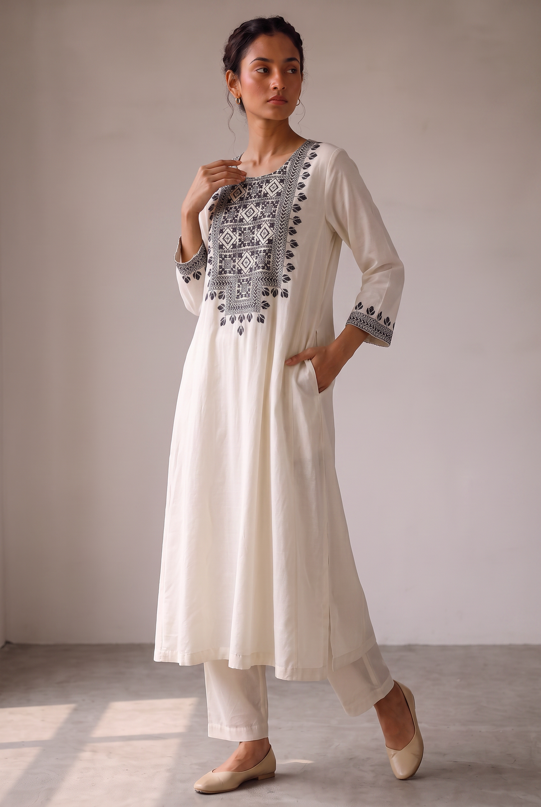 Off-white and Black Embroidered Kurta Set