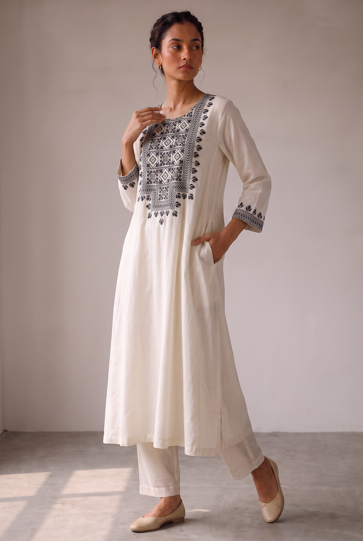 Off-white and Black Embroidered Kurta Set