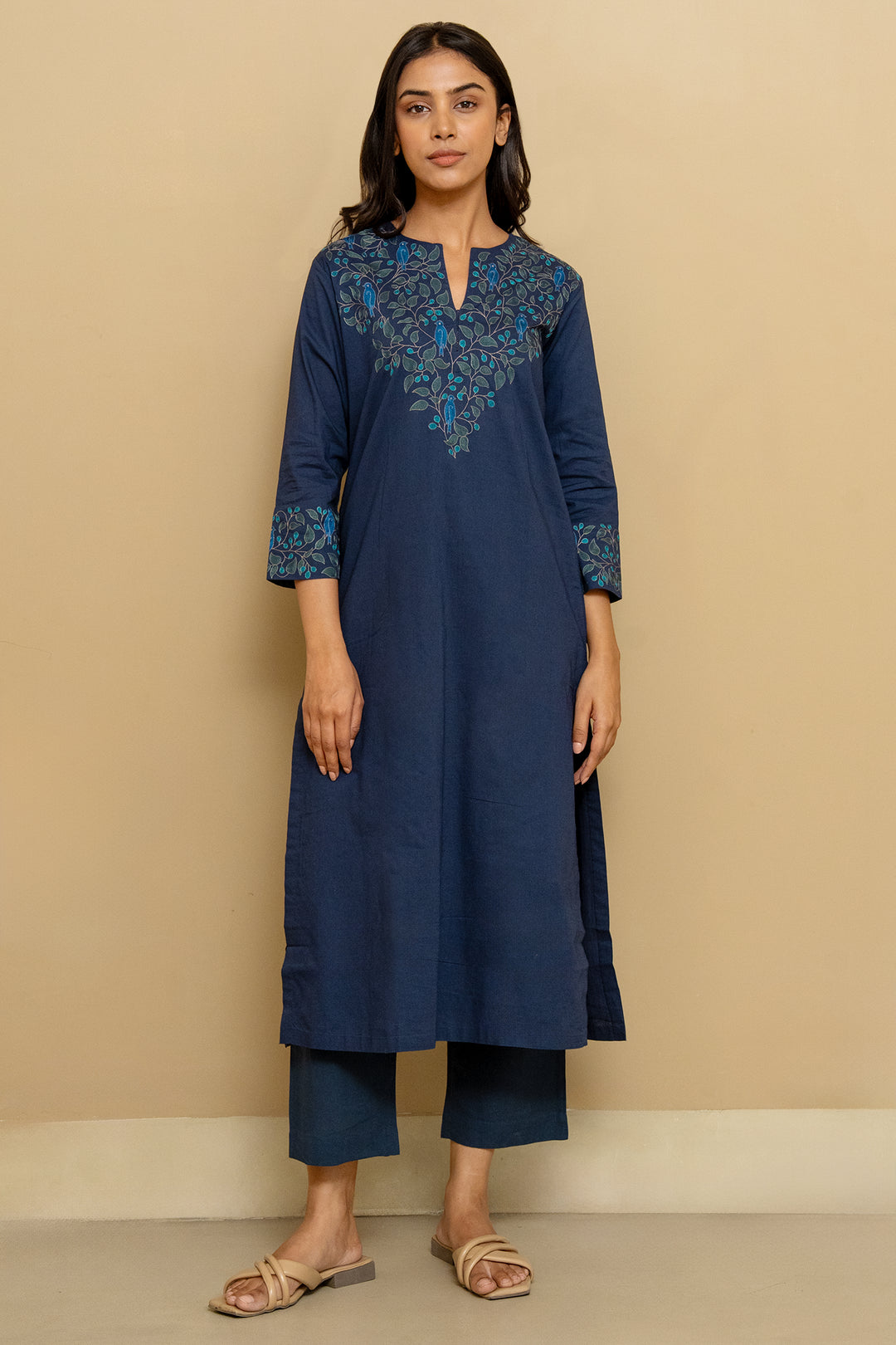 Navy Blue Embroidered Chanderi Kurta