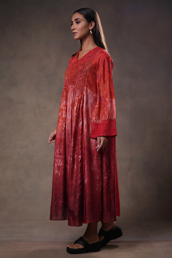 Red Textured Embroidered Silk Dress