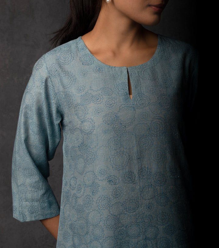 Sky Blue Thread Embroidered Chanderi Suit Set