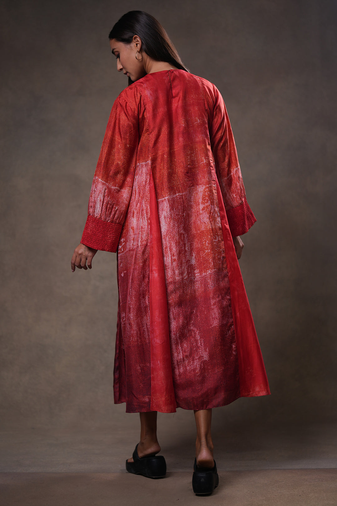 Red Textured Embroidered Silk Dress