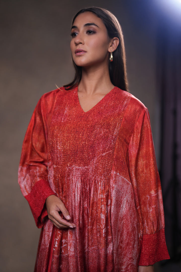 Red Textured Embroidered Silk Dress