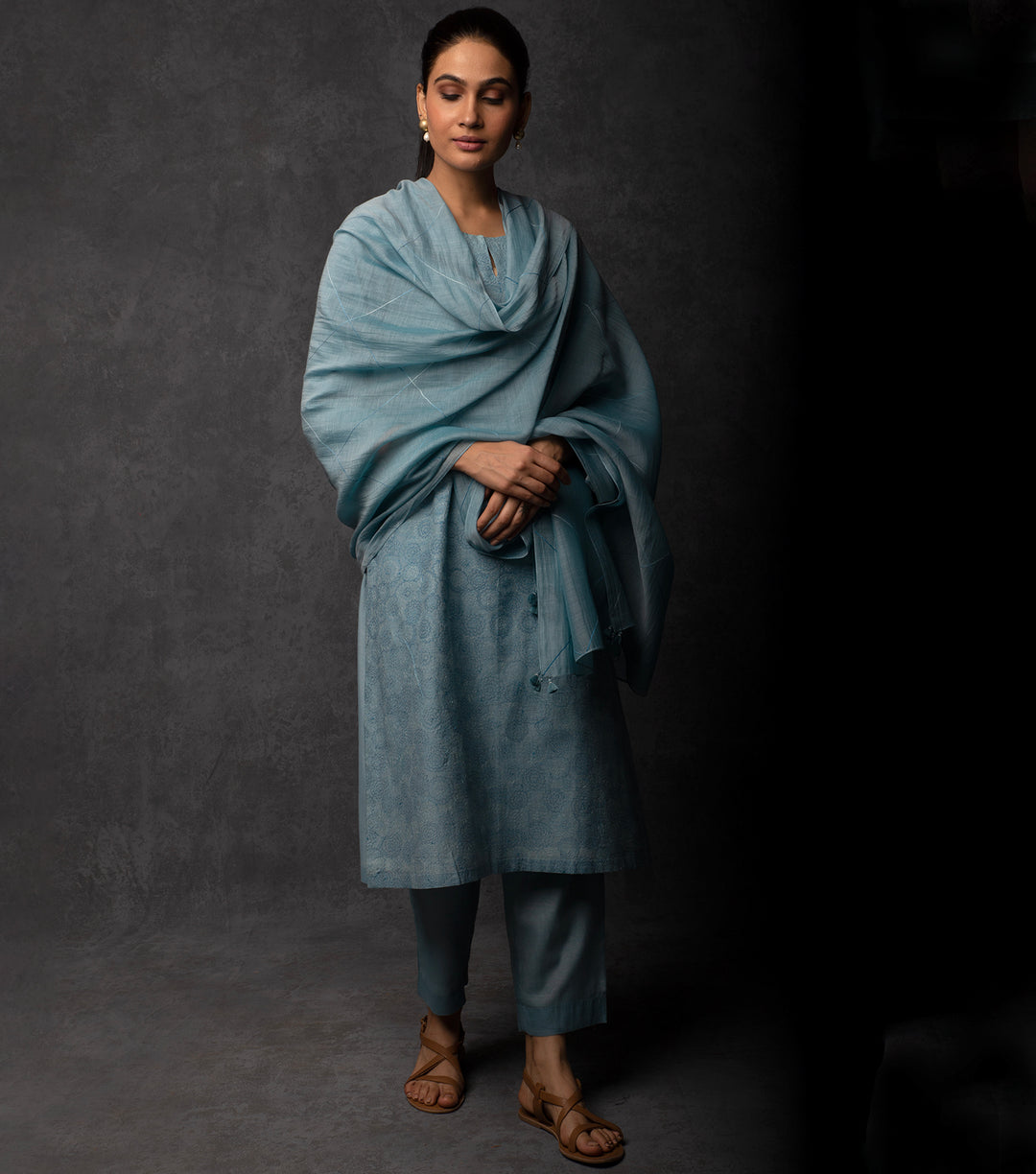 Sky Blue Thread Embroidered Chanderi Suit Set