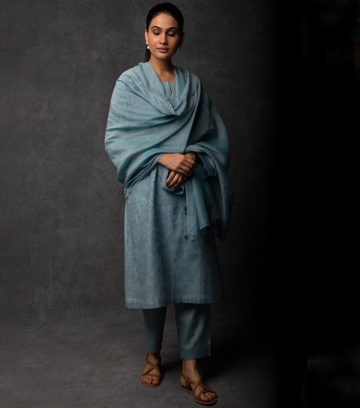 Sky Blue Thread Embroidered Chanderi Suit Set