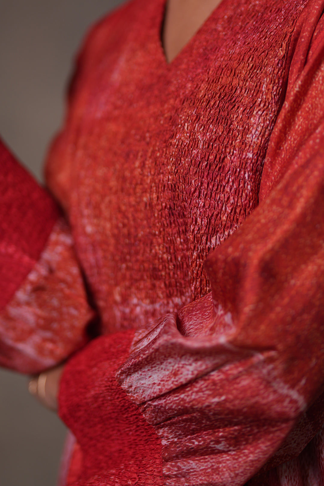 Red Textured Embroidered Silk Dress