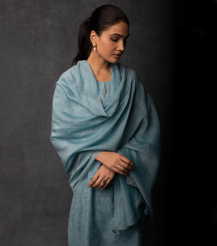 Sky Blue Thread Embroidered Chanderi Suit Set
