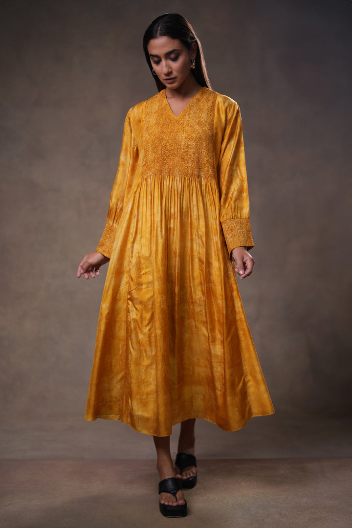 Mustard Yellow Textured Embroidered Silk Dress