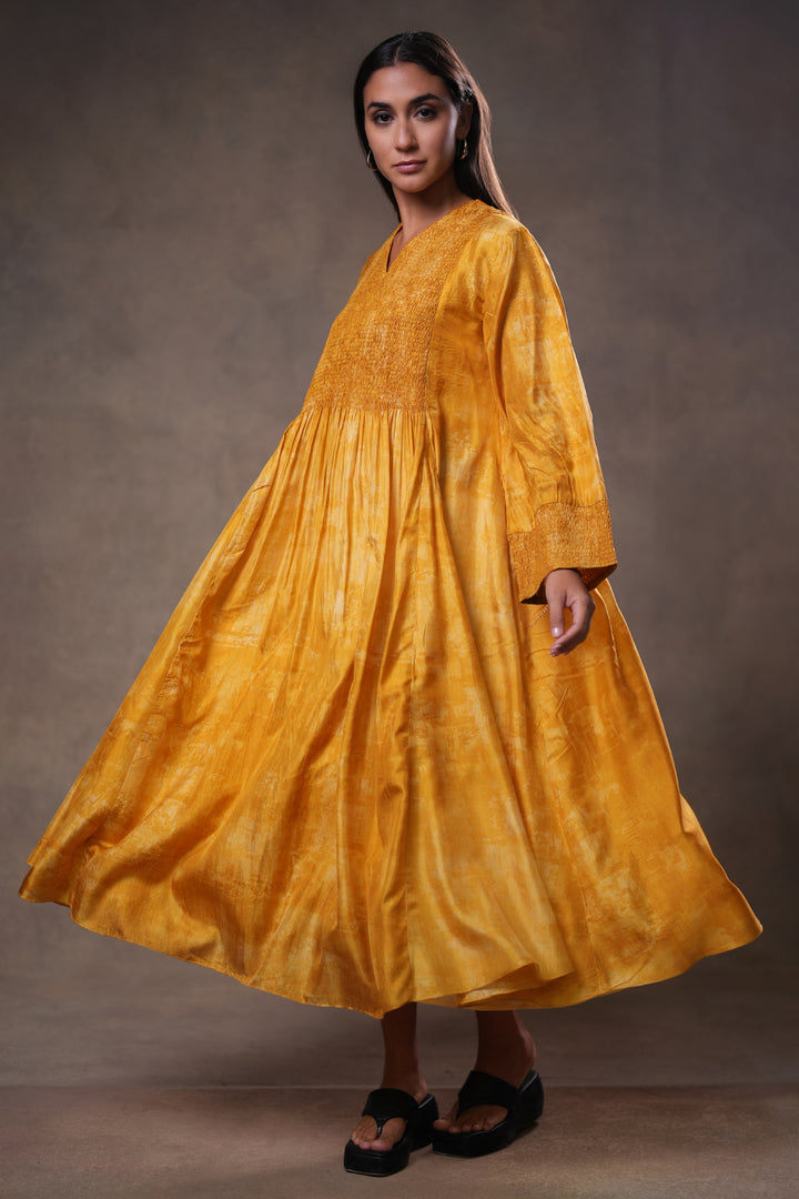 Mustard Yellow Textured Embroidered Silk Dress