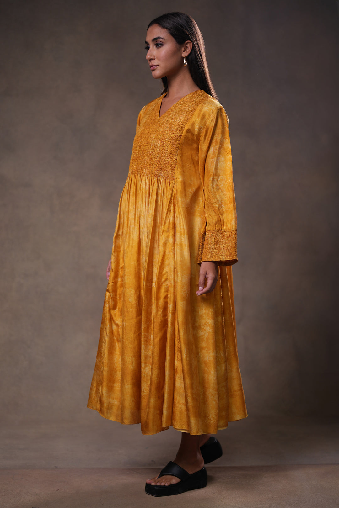 Mustard Yellow Textured Embroidered Silk Dress