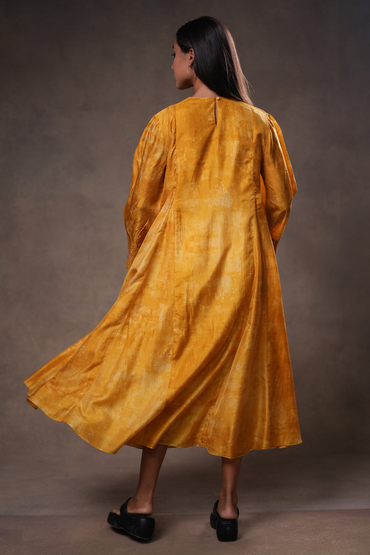 Mustard Yellow Textured Embroidered Silk Dress