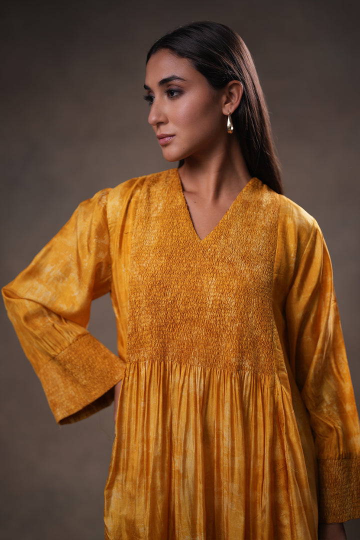 Mustard Yellow Textured Embroidered Silk Dress