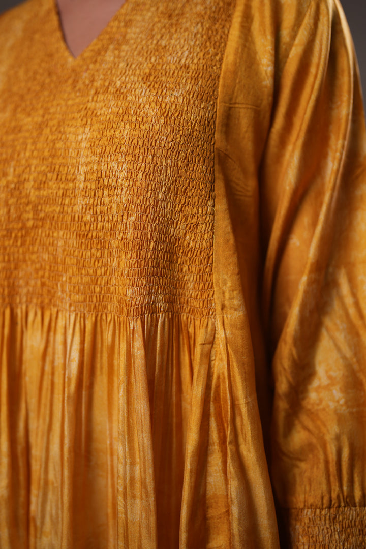 Mustard Yellow Textured Embroidered Silk Dress