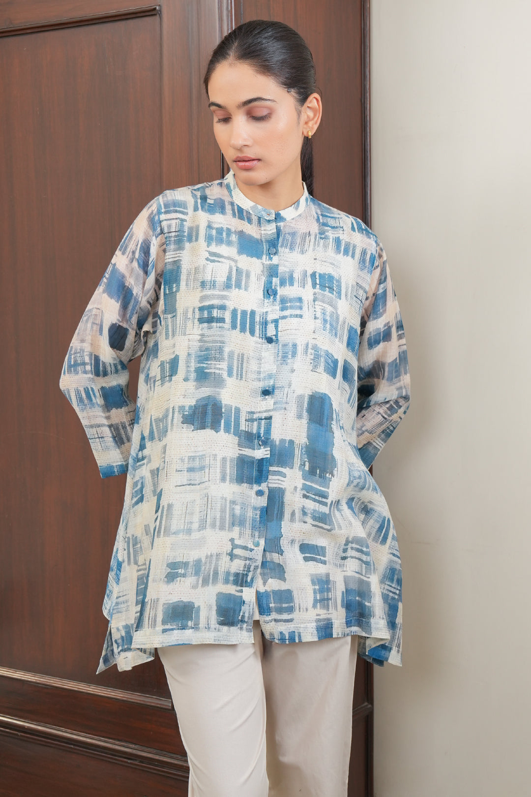 Blue and Cream Abstract Print Chanderi Oversized Shirt