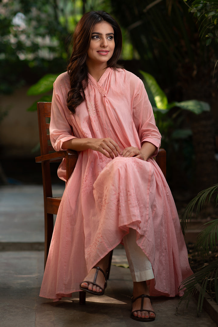 Pink Cotton Embroidered Choga