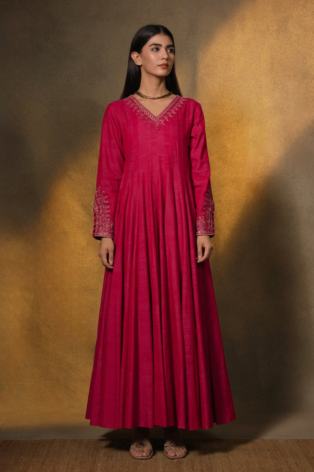 Hot Pink Hand Embroidered Tussar Silk Gown