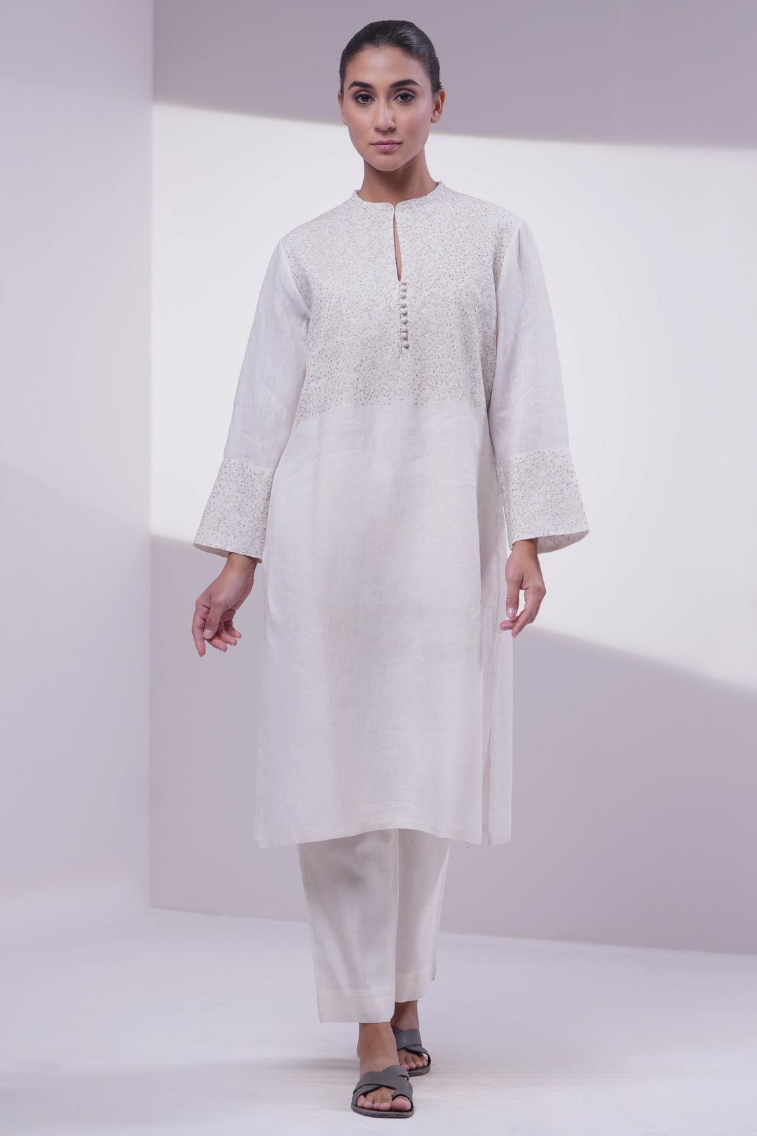 Ivory Embroidered Cotton Linen Kurta