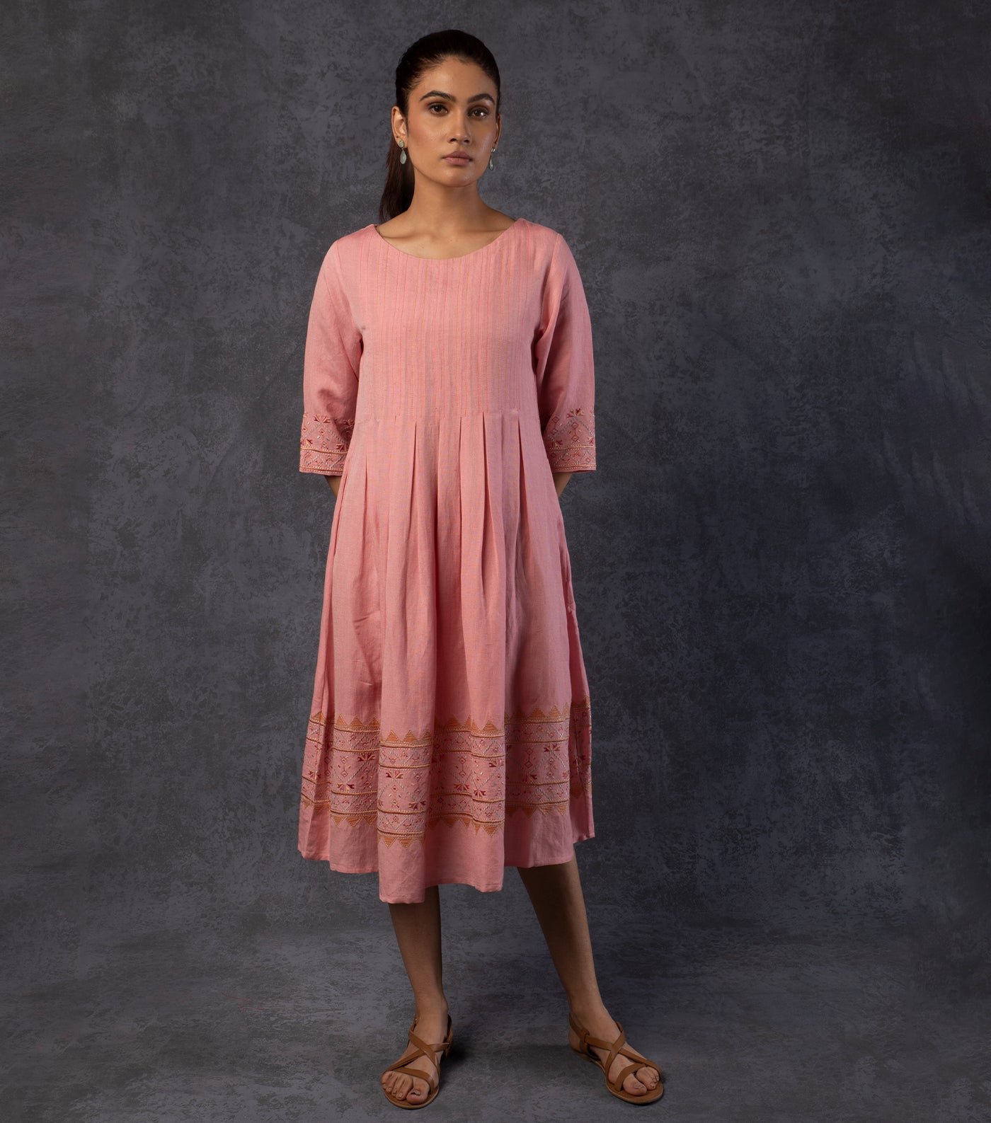 Pink Embroidered Viscose Linen Dress