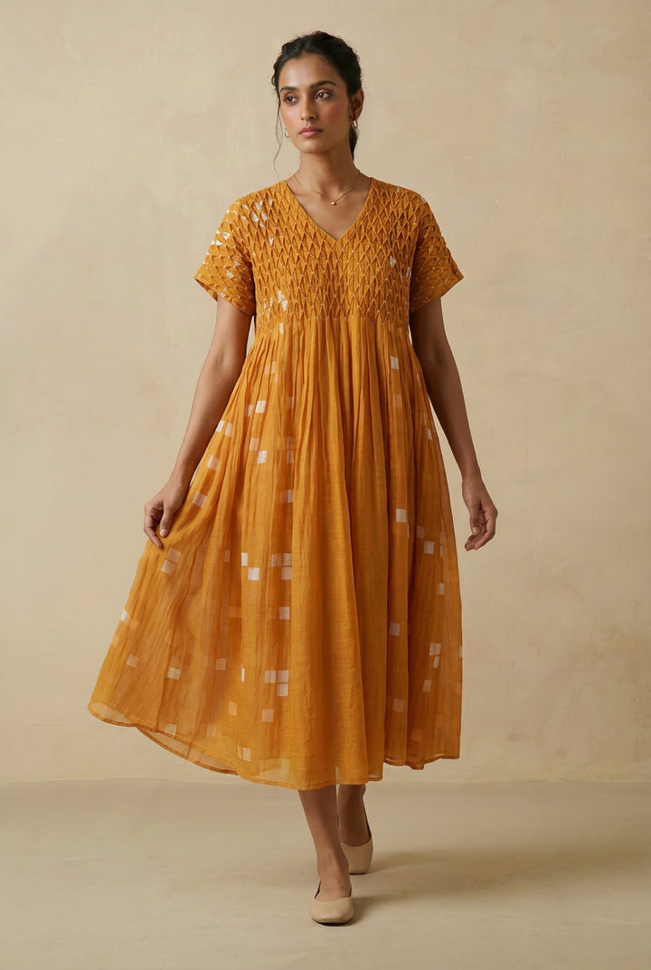 Mustard Printed Chanderi Dress